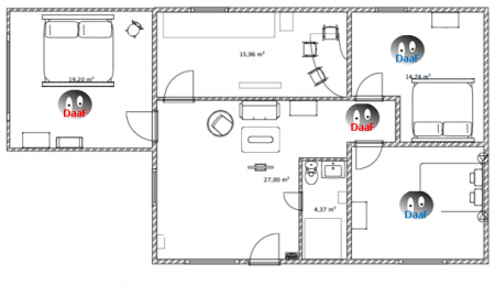 Cas particulier d'un F 4 avec une chambre en enfilade. Le positionnement reste identique à un logement classique avec un détecteur supplémentaire pour la chambre en enfilade.